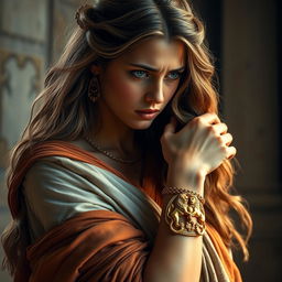 A beautiful, troubled woman named Helena from ancient Rome, portraying her elegance and inner turmoil