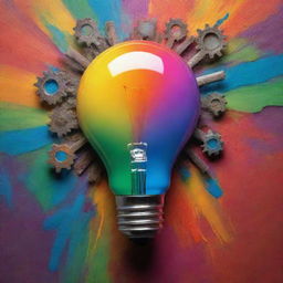 A conceptual image showing the undeniable benefits of creativity: a light bulb glowing bright colors, gears in motion, and a paintbrush painting vivid colors, all on an inspiring backdrop.