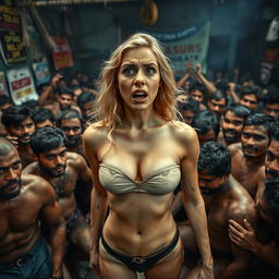 A terrified blonde woman wearing a strapless bikini, with her vulnerability highlighted, surrounded by a dense crowd of male Indian wrestlers inside a gritty, dirty Indian gym