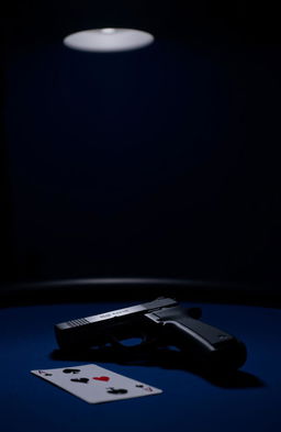 A dramatic scene featuring a poker table with a dark blue background illuminated by soft, weak overhead lights
