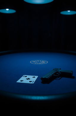 A dramatic scene featuring a poker table with a dark blue background illuminated by soft, weak overhead lights