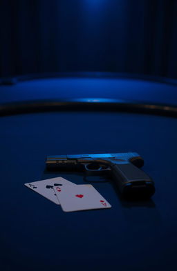 A dramatic scene featuring a poker table with a dark blue background illuminated by soft, weak overhead lights