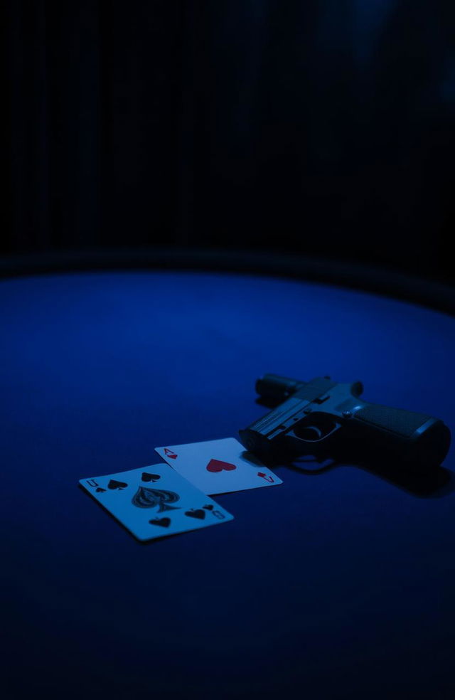 A dramatic scene featuring a poker table with a dark blue background illuminated by soft, weak overhead lights