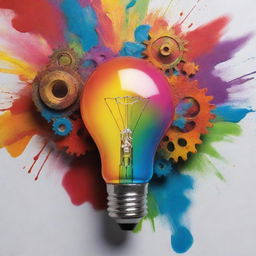 A conceptual image showing the undeniable benefits of creativity: a light bulb glowing bright colors, gears in motion, and a paintbrush painting vivid colors, all on an inspiring backdrop.