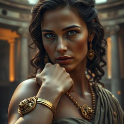 A beautiful and troubled woman named Helena in ancient Rome, showcasing her striking features with deep, expressive eyes