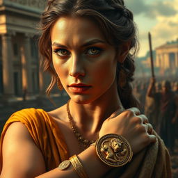 A beautiful and troubled woman named Helena in ancient Rome, showcasing her striking features with deep, expressive eyes