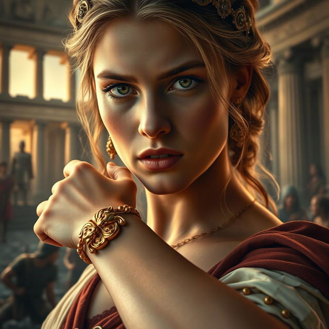 A beautiful and troubled woman named Helena in ancient Rome, showcasing her striking features with deep, expressive eyes