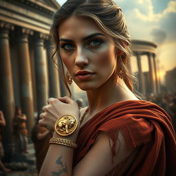 A beautiful and troubled woman named Helena in ancient Rome, showcasing her striking features with deep, expressive eyes