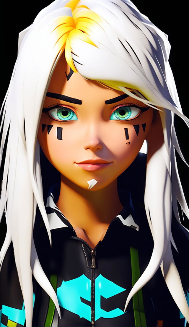 A Fortnite-style animated character with a face blended from five different images, long white hair like in images 1-4, and wearing an outfit consistent with those images.