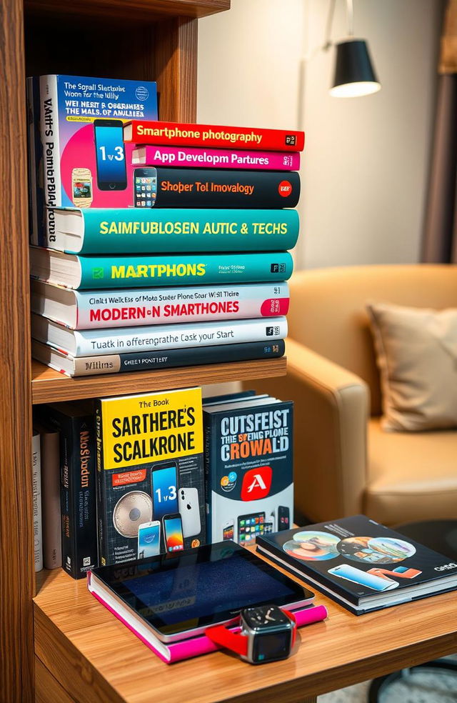 A visually appealing collection of books about smartphones and technology, arranged artistically on a modern wooden bookshelf