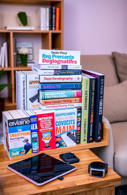 A visually appealing collection of books about smartphones and technology, arranged artistically on a modern wooden bookshelf