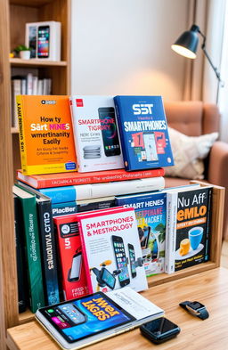 A visually appealing collection of books about smartphones and technology, arranged artistically on a modern wooden bookshelf
