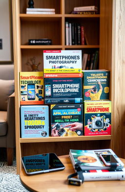 A visually appealing collection of books about smartphones and technology, arranged artistically on a modern wooden bookshelf