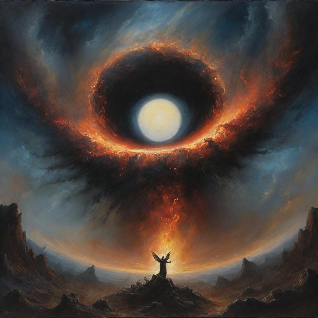 A surreal painting depicting a black hole engulfing the sky, surrounded by fallen angels descending towards earth in dramatic lighting.