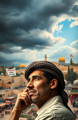 A thought-provoking and artistic representation of how an Arab perceives Israel, capturing a blend of cultural elements, landscapes, and sentiments