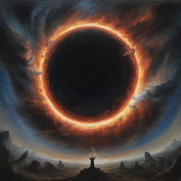 A surreal painting depicting a black hole engulfing the sky, surrounded by fallen angels descending towards earth in dramatic lighting.