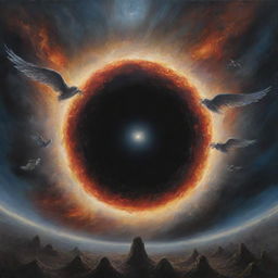 A surreal painting depicting a black hole engulfing the sky, surrounded by fallen angels descending towards earth in dramatic lighting.