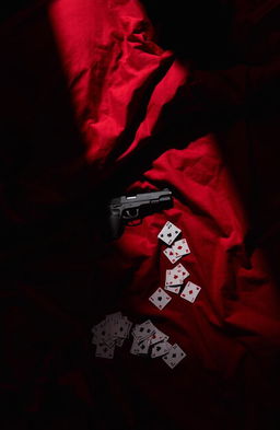 A moody scene featuring dark red sheets draped across a bed, a deep and dramatic shadow cast over the sheets