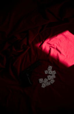 A moody scene featuring dark red sheets draped across a bed, a deep and dramatic shadow cast over the sheets