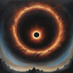 A surreal painting depicting a black hole engulfing the sky, surrounded by fallen angels descending towards earth in dramatic lighting.