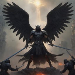 An epic artwork showcasing black angels, their wings outstretched, clasping swords, captured in an imposing and powerful stance.