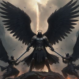 An epic artwork showcasing black angels, their wings outstretched, clasping swords, captured in an imposing and powerful stance.