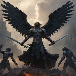 An epic artwork showcasing black angels, their wings outstretched, clasping swords, captured in an imposing and powerful stance.