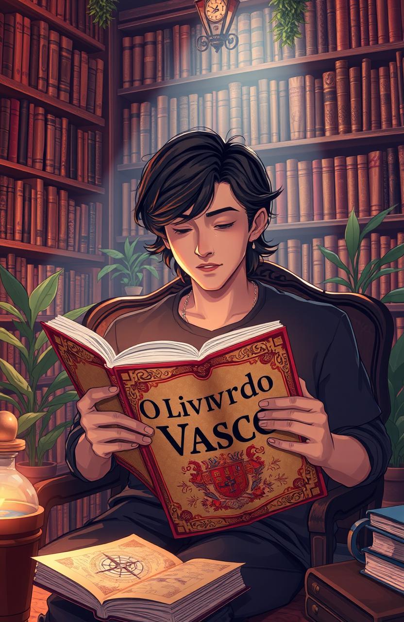 A visually striking illustration of a young man, deeply engrossed in reading a book titled 'O Livro do Vasco', set in a cozy, dimly lit library