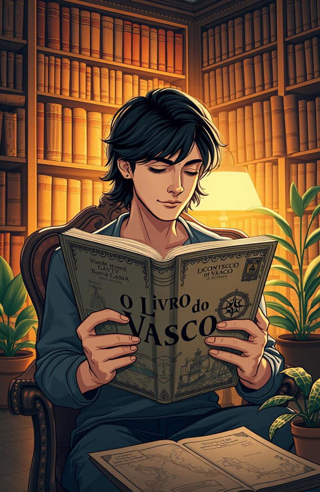 A visually striking illustration of a young man, deeply engrossed in reading a book titled 'O Livro do Vasco', set in a cozy, dimly lit library