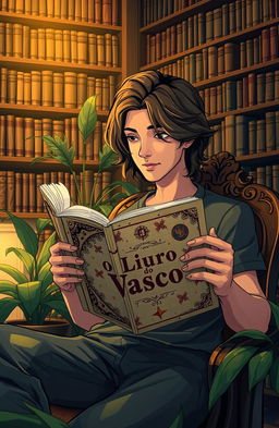 A visually striking illustration of a young man, deeply engrossed in reading a book titled 'O Livro do Vasco', set in a cozy, dimly lit library