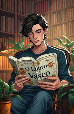 A visually striking illustration of a young man, deeply engrossed in reading a book titled 'O Livro do Vasco', set in a cozy, dimly lit library