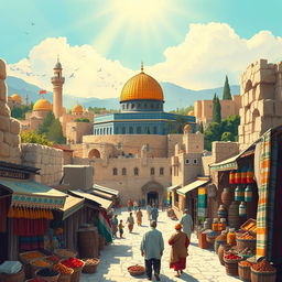 An evocative illustration depicting Israel through the eyes of an Arab observer, showcasing a blend of cultural elements and landscapes