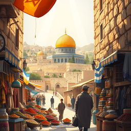 An evocative illustration depicting Israel through the eyes of an Arab observer, showcasing a blend of cultural elements and landscapes