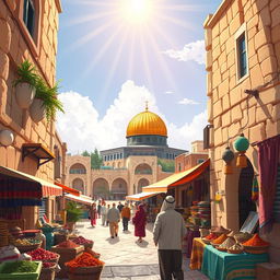 An evocative illustration depicting Israel through the eyes of an Arab observer, showcasing a blend of cultural elements and landscapes
