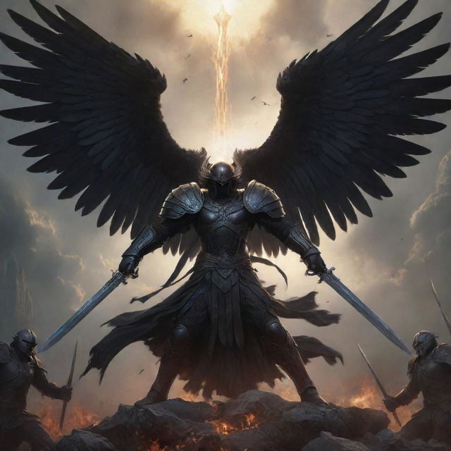 An epic artwork showcasing black angels, their wings outstretched, clasping swords, captured in an imposing and powerful stance.