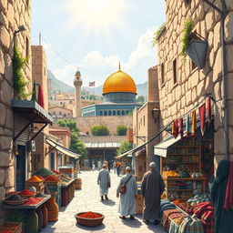 An evocative illustration depicting Israel through the eyes of an Arab observer, showcasing a blend of cultural elements and landscapes