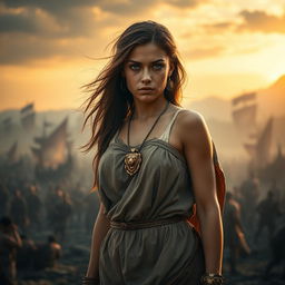 A beautiful yet troubled young female slave in ancient Rome, standing with a look of apprehension and resilience on her face