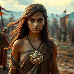 A beautiful yet troubled young female slave in ancient Rome, standing with a look of apprehension and resilience on her face