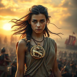 A beautiful yet troubled young female slave in ancient Rome, standing with a look of apprehension and resilience on her face