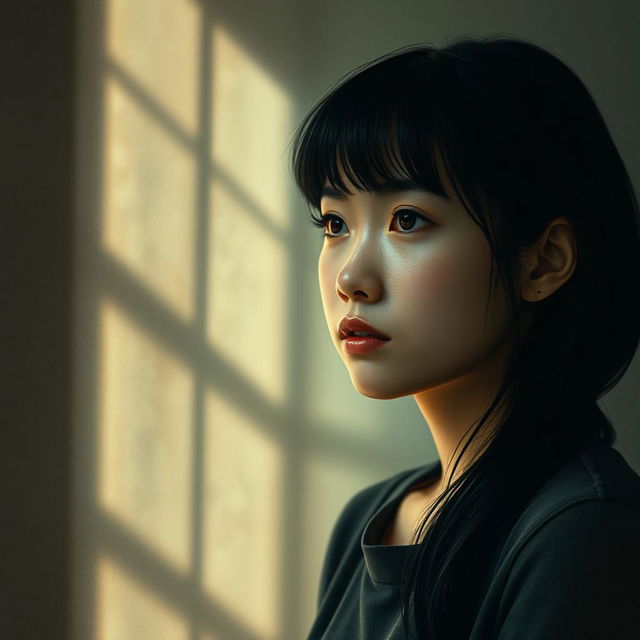 A reflective portrait of a 22-year-old girl with black hair and short bangs, deep in thought