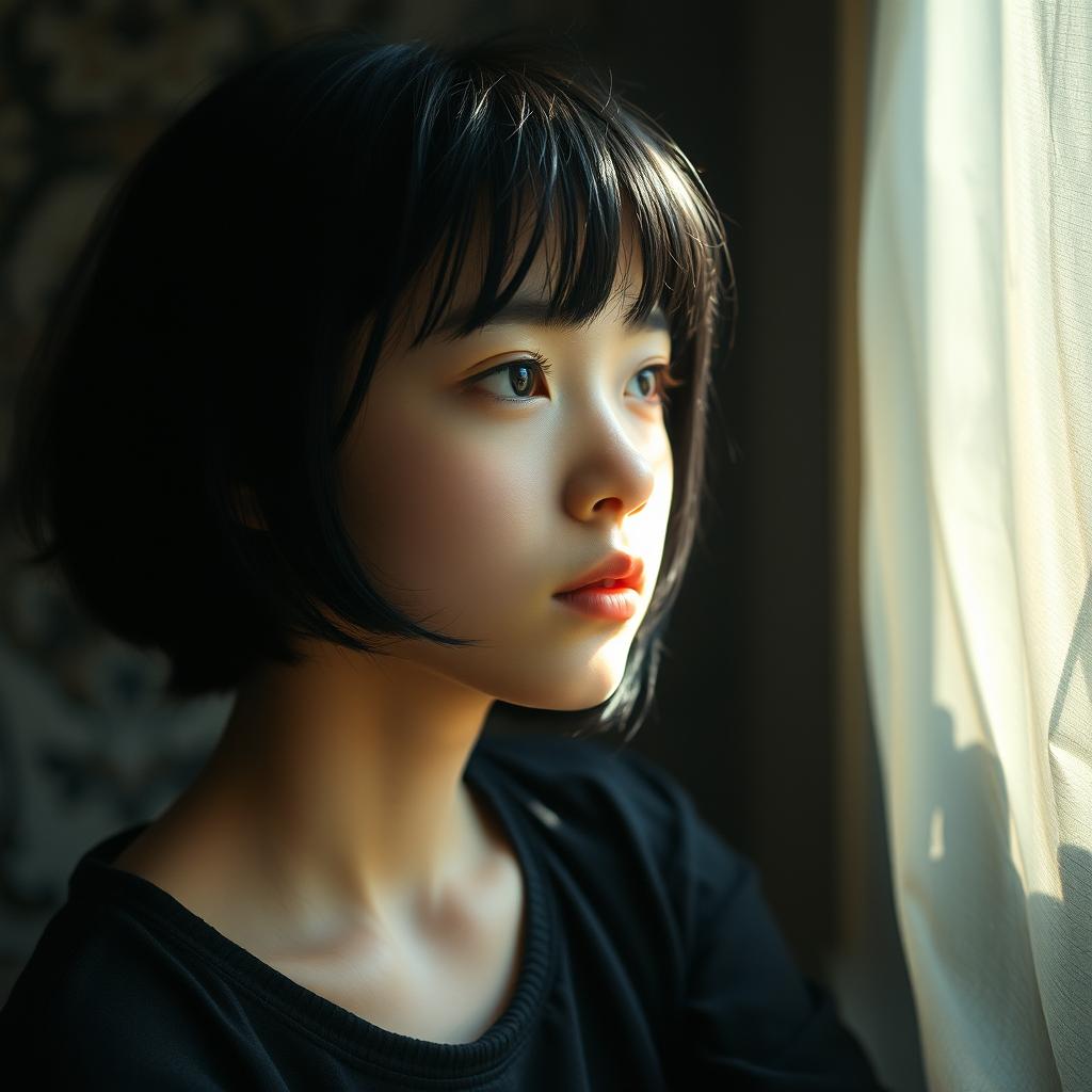 A reflective portrait of a 22-year-old girl with black hair and short bangs, deep in thought