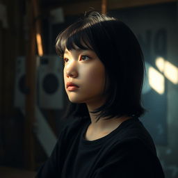 A reflective portrait of a 22-year-old girl with black hair and short bangs, deep in thought