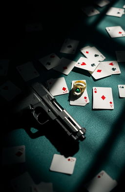 A moody gambling pool adorned with scattered poker cards strewn all over its surface, casting shadows that add an air of mystery
