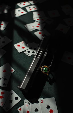 A moody gambling pool adorned with scattered poker cards strewn all over its surface, casting shadows that add an air of mystery