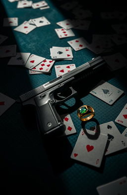 A moody gambling pool adorned with scattered poker cards strewn all over its surface, casting shadows that add an air of mystery