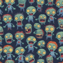 An adorable illustration of cartoon zombies with exaggerated features and playful expressions, radiating a harmless, fun-loving vibe.