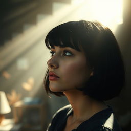 A reflective portrait of a 22-year-old Lebanese girl with black hair and short bangs, deep in thought