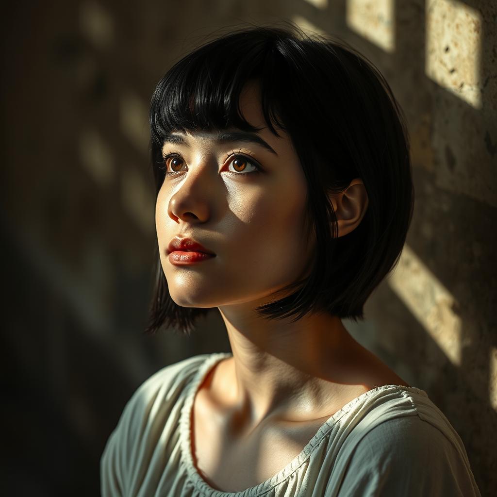 A reflective portrait of a 22-year-old Lebanese girl with black hair and short bangs, deep in thought