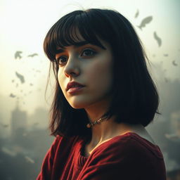 A reflective portrait of a 22-year-old Lebanese girl with black hair and short bangs, deep in thought
