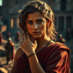 A beautiful woman in ancient Roman attire, with an air of troubled elegance